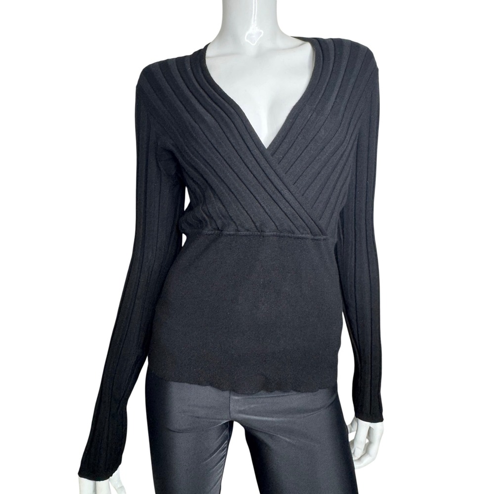 INC International Concepts Black Ribbed Surplice V-Neck Long Sleeve Top Medium